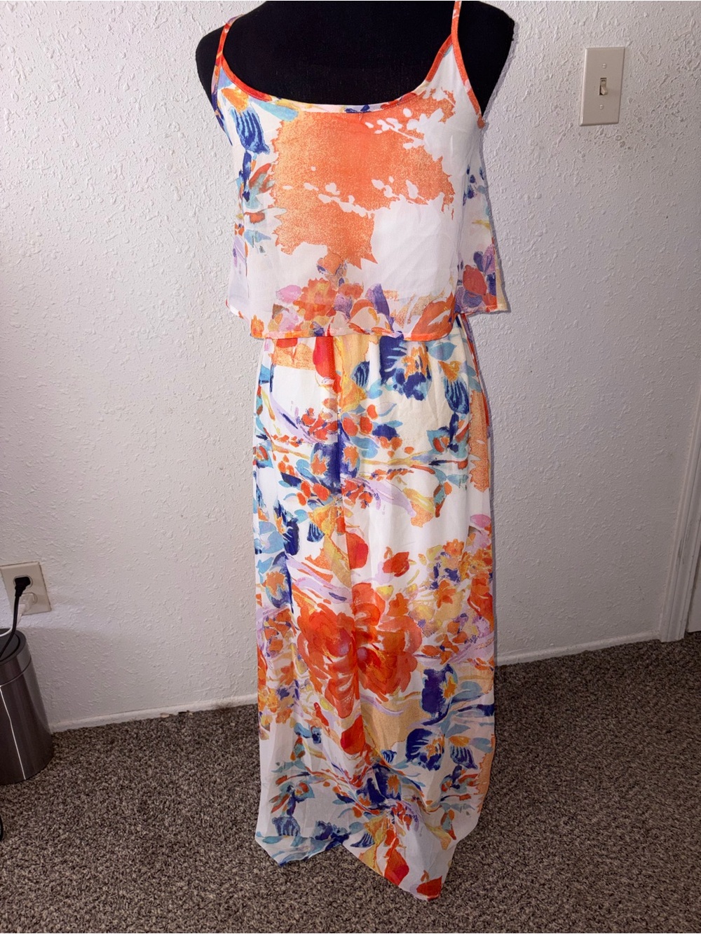 Liberty Love Orange & White Floral Maxi Dress with Spaghetti Straps